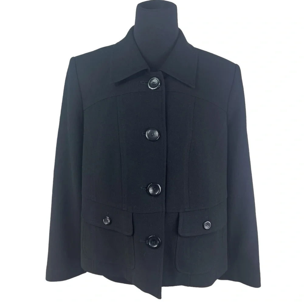 Talbots Women's Sz 12W Classic Crepe 100% Wool Black Blazer Jacket Lightweight - Picture 2 of 6